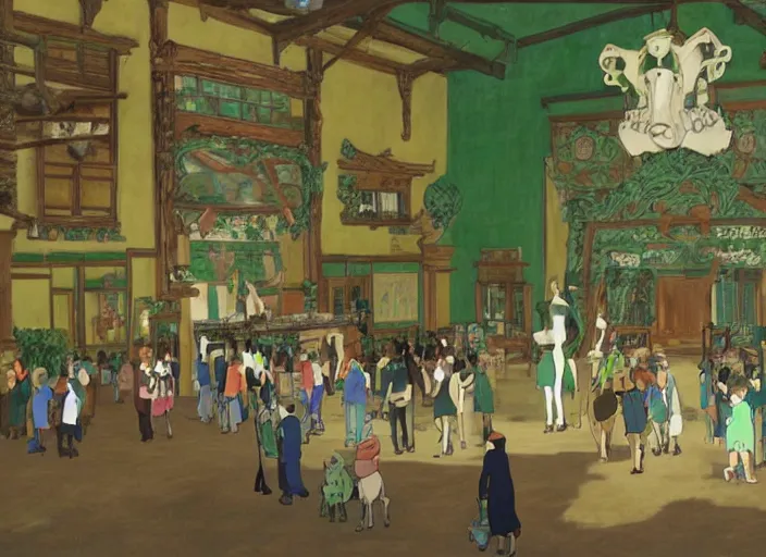 Prompt: main hall with horse statues, green and brown decorations by studio ghibli painting