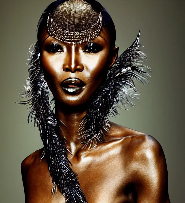 Image similar to photography portrait by paolo roversi of naomi campbell wearing a ornate transparent and metalic costume with feathers by iris van herpen, highly detailed, artstation, smooth, sharp foccus, artstation hq, skin grain detail, high detail, creativity in fashion design