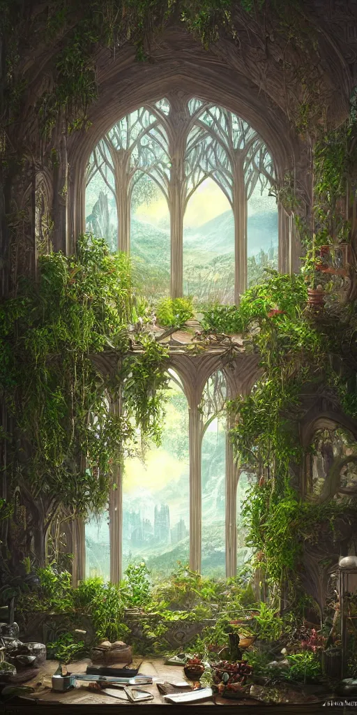 Prompt: fantasy Elvish windowsill with lush plants inside of it, interior of room, looking out toward an Elvish metropolitan cityscape, vignette of windowsill, Rivendell, detailed digital concept art by John Howe, trending on artstation