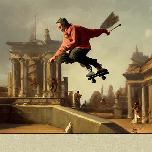 Image similar to skateboarder peasant tricks painting dynamic very very detailed by hubert robert balanced cinematic
