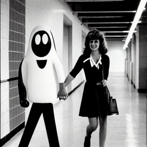 Image similar to 1978 teenage girl holds hands with smiley inflatable boyfriend at high school, color John Waters film, in school hallway, dirty walls, archival footage, technicolor film, 16mm, live action, Fellini, campy