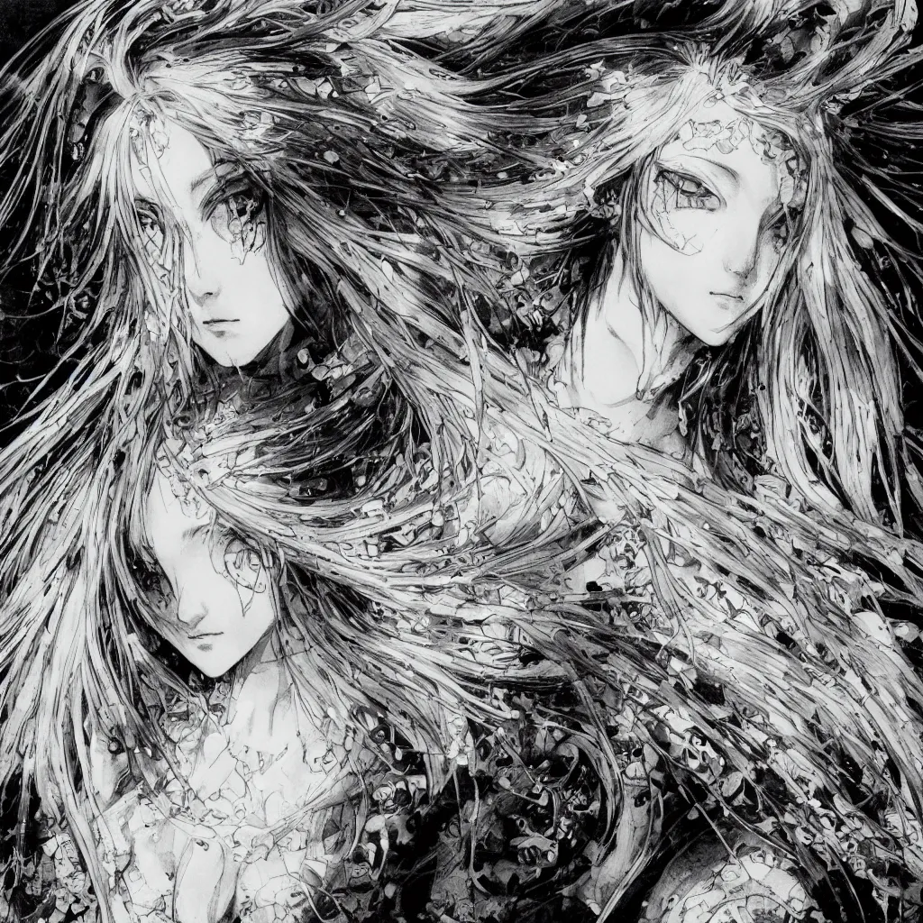 Image similar to Yoshitaka Amano realistic illustration of an anime girl with black eyes, wavy white hair fluttering in the wind and cracks on her face wearing elden ring armor with engraving, abstract black and white patterns on the background, noisy film grain effect, highly detailed, Renaissance oil painting, weird portrait angle, blurred lost edges, three quarter view