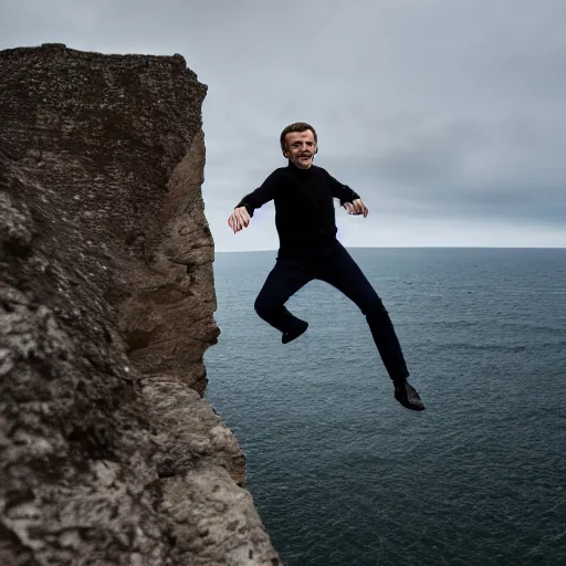 Prompt: Emmanuel Macron jumping of Normandy cliffs, 50mm photography, high quality, 4K