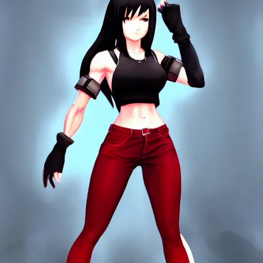 Prompt: full body shot of tifa lockhart with black hair, red eyes, concept art trending on artstation