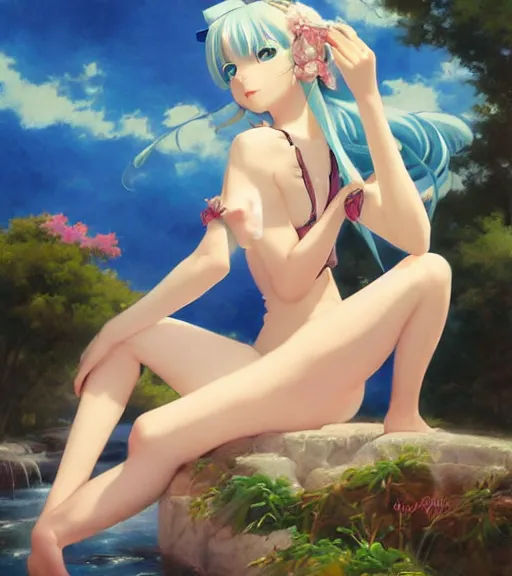 Prompt: Anime art very beautiful Hatsune miku by Gil Elvgren, Vladimir Volegov, Earl Moran, Enoch Bolles, near pond, very coherent