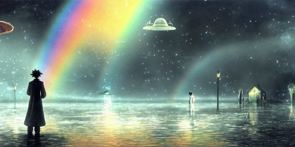 Image similar to a realistic and atmospheric cell - shaded concept art from howl's moving castle ( 2 0 0 4 ) of a rainbow colored ufo landing on the ground. a grey monk is standing in a flooded parking lot. it is a misty starry night. very dull muted colors, hd, 4 k, hq