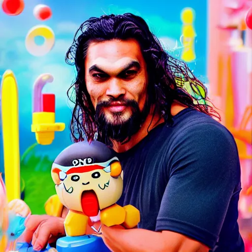 Prompt: Manga cover portrait of an extremely cute and adorable beautiful Jason Momoa playing with Fisher-Price toys, 3d render diorama by Hayao Miyazaki, official Studio Ghibli still, color graflex macro photograph, Pixiv, DAZ Studio 3D