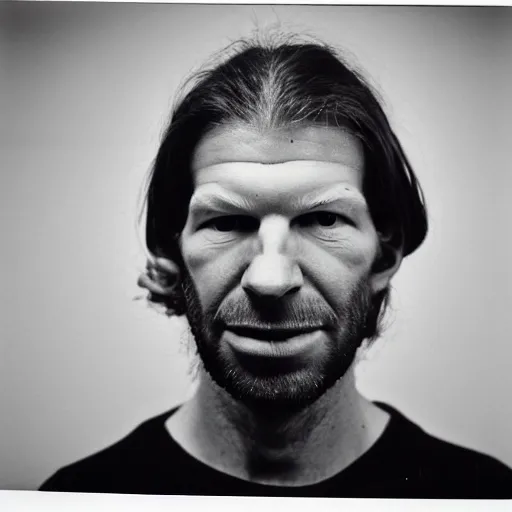 Prompt: Mugshot Portrait of Aphex Twin, taken in the 1970s, photo taken on a 1970s polaroid camera, grainy, real life, hyperrealistic, ultra realistic, realistic, highly detailed, epic, HD quality, 8k resolution, body and headshot, film still, front facing, front view, headshot and bodyshot, detailed face, very detailed face