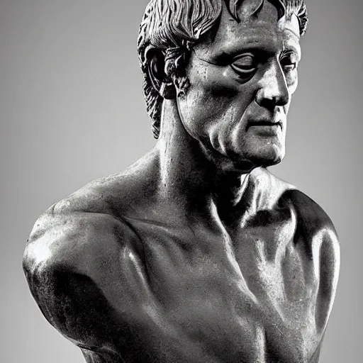 Image similar to a sculpture by michelangelo with the likeness of rutger hauer