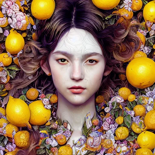 Image similar to the portrait of an absurdly beautiful, graceful, elegant, sophisticated, young girl made up of lemons, an ultrafine hyperdetailed illustration by kim jung gi, irakli nadar, intricate linework, bright colors, octopath traveler, final fantasy, unreal engine 5 highly rendered, global illumination, radiant light, detailed and intricate environment