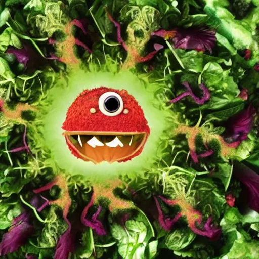 Image similar to a corona virus eats a salad monster, photo realistic, professional photography