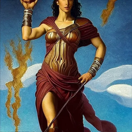 Image similar to Full body oil painting of the beautiful woman Gal Gadot, she is wearing some withe ancient roman cloths and a surreal ornate, her hair is natural disheveled, she is approaching heaven, people are claiming for her, she is attracting lightnings, naturalism, dramatic lighting, high-detailed oil painting by Ilya Repin, Michelangelo da Caravaggio, William Blake, Alex Grey and Beksinski, trending on Artsatio, hystorical painting, masterpiece, 4k, 8k,