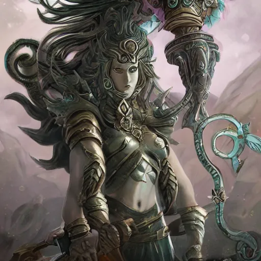 Prompt: torquoise fantasy armored medusa holding a spear, pillars background with ruined and statues, fantasy game art, fantasy rpg, league of legends