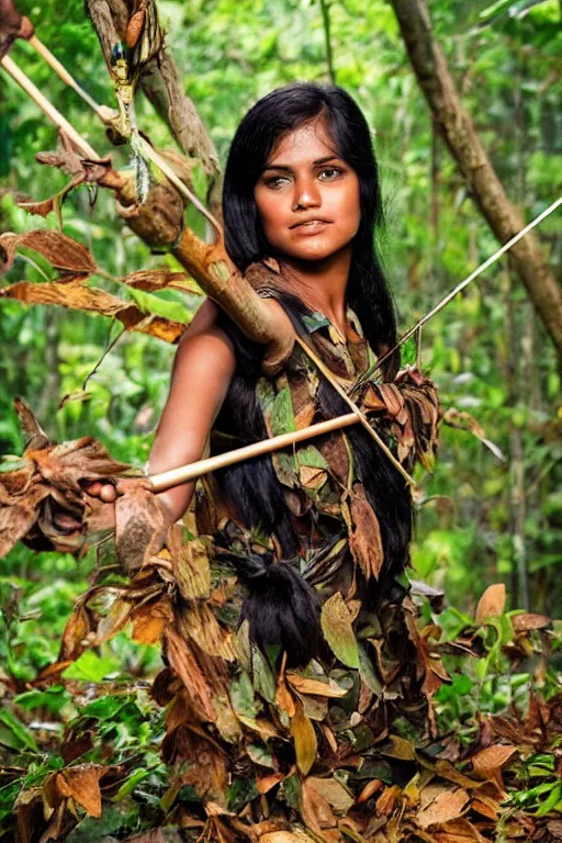 Prompt: a professional photo of a sri lankan jungle girl, black hair, hunter, with bow and arrow, covered in leaves, extremely high fidelity. key light.