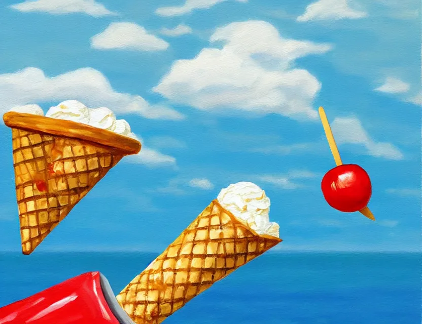 Prompt: a realistic painting of a lazy tomato on a sunny beach eating ice cream white clouds in a cone