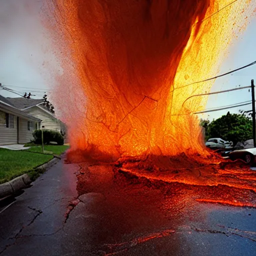 Image similar to molten lava flowing down a suburban street in America. Photo by Annie Liebowitz
