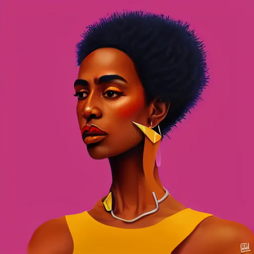 Prompt: Meybis Ruiz Cruz digital portrait painting of an afropunk female character, medium shot, asymmetrical, profile picture, bold shapes, hard edges, street art, trending on artstation,