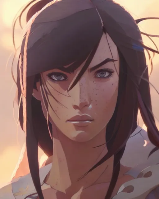 Image similar to azctec warrior, megan fox, detailed perfect face, exquisite details, fire magic, by studio muti, greg rutkowski makoto shinkai takashi takeuchi studio ghibli