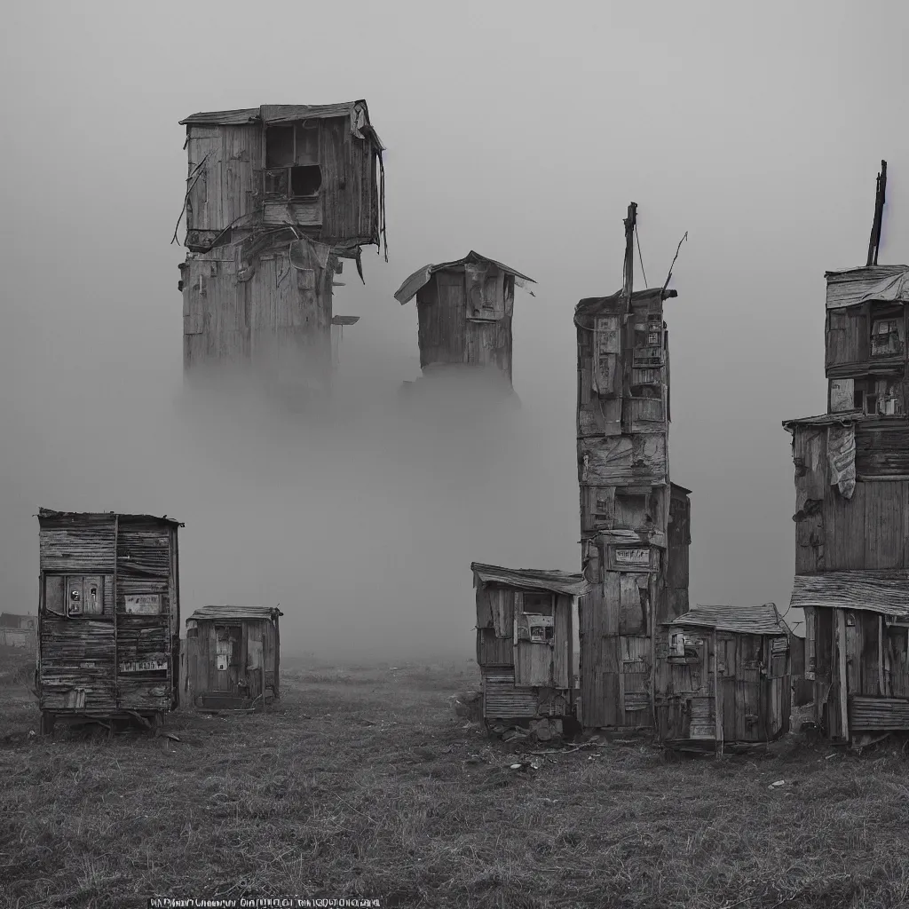 Image similar to two towers, made up of makeshift squatter shacks with faded colours, moody clludy sky, uneven fog, dystopia, mamiya, f 1 1, fully frontal view, photographed by jeanette hagglund