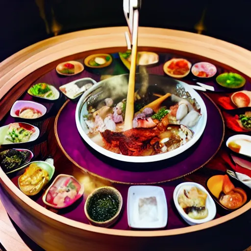 Prompt: high - end hot pot restaurant serving unicorn meat