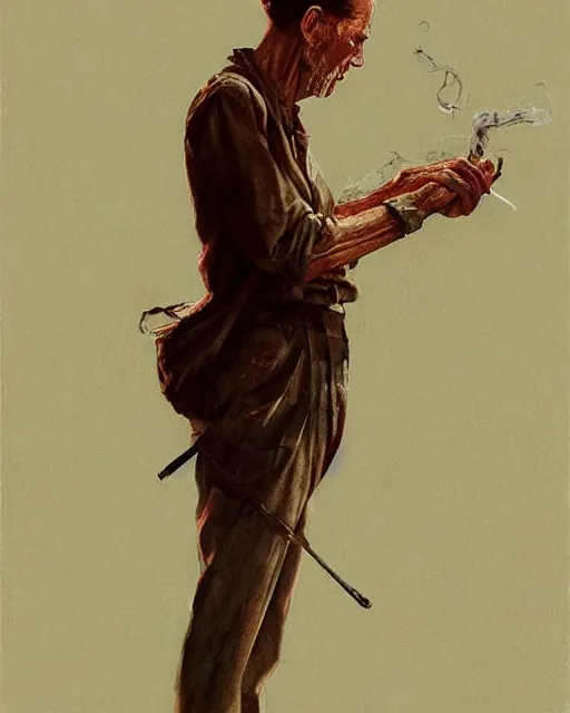 Image similar to a highly detailed epic cinematic concept art CG render digital painting artwork costume design: Henry Fonda as a 1950s tired poet, barefoot, smoking a cigarette. volumetric lighting. By Greg Rutkowski, in the style of Francis Bacon and Syd Mead and Norman Rockwell and Beksinski, open ceiling, highly detailed, painted by Francis Bacon and Edward Hopper, painted by James Gilleard, surrealism, airbrush, Ilya Kuvshinov, WLOP, Stanley Artgerm, very coherent, triadic color scheme, realistic facial expression, art by Takato Yamamoto and James Jean