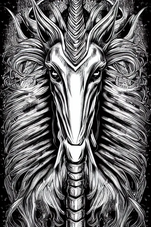 Image similar to evil unicorn, symmetrical, highly detailed, digital art, sharp focus, trending on art station, kentaro miura manga art style