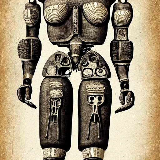 Image similar to technical drawing of ancient womanized!! humanoid robot, symmetrical, anatomically correct, old historical photo, ancient paper, photorealistic