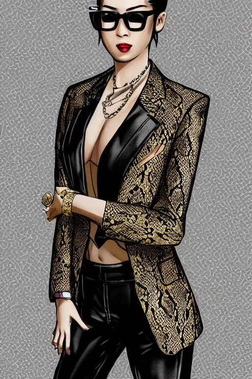 Prompt: yakuza slim girl, gold suit jacket in snake print, jacket over bare torso, yakuza tattoo on body, black short curtain haircut, black leather pants with black belt, luxury, fashion, with glasses, portrait, elegant, 2d, ultra highly detailed, digital painting, smooth, sharp focus, artstation, art by Ilya Kuvshinov, rossdraws