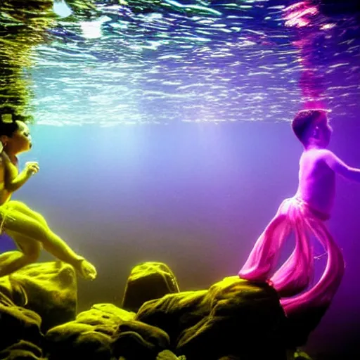 Image similar to midgets dancing underwater glowing mystery