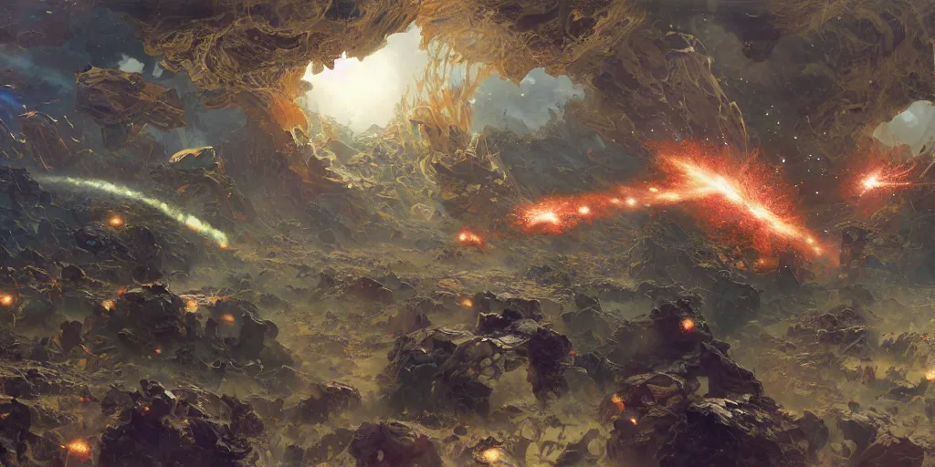 Image similar to supernova, flying plant factory producing asteroids in open space, steve mccurry, painted by ruan jia, raymond swanland, lawrence alma tadema, zdzislaw beksinski, norman rockwell, jack kirby, tom lovell, alex malveda, greg staples