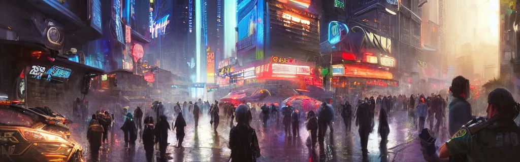 Prompt: a busy cyberpunk street marketplace with a heavy police presence. night, raining, 8 k, epic cinematic hyperrealism masterpiece. realistic poster with shaded lighting by craig mallismo, artgerm, jeremy lipkin and michael garmash, unreal engine, radiant light, detailed and complex environment, digital art, art station trends, detailed, lens flare, motion blur