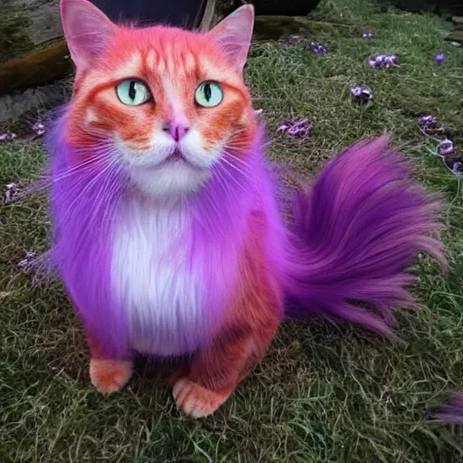 Image similar to orange cat, with his hair died purple to look like the cheshire cat, photo