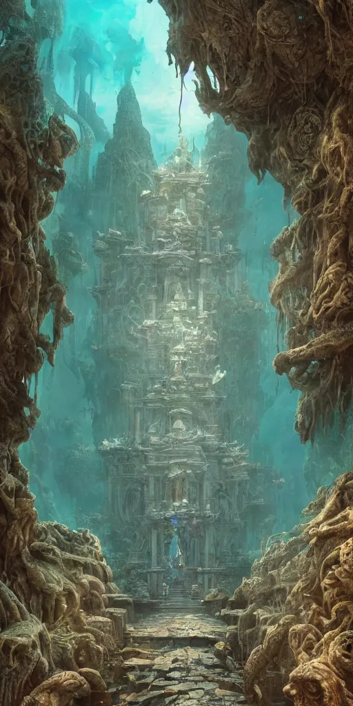 Image similar to Underwater temple, broken statues, magical, mystical atmosphere, Monster Hunter Illustrations art book, Moebius, Greg Rutkowski, Zabrocki, Karlkka, Jayison Devadas, Phuoc Quan, trending on Artstation, 8K, ultra wide angle, zenith view, pincushion lens effect.