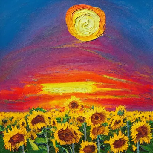 Prompt: Impasto painting of a hidden elephant in a field of sunflowers over a sunset