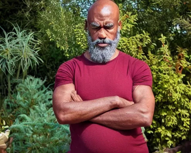 Prompt: mr robert smoke weed and meditate in the garden, he has dark grey hairs, detailed glad face, muscular chest, pregnant belly, golden hour closeup photo, red elegant shirt, eyes wide open, ymmm and that smell