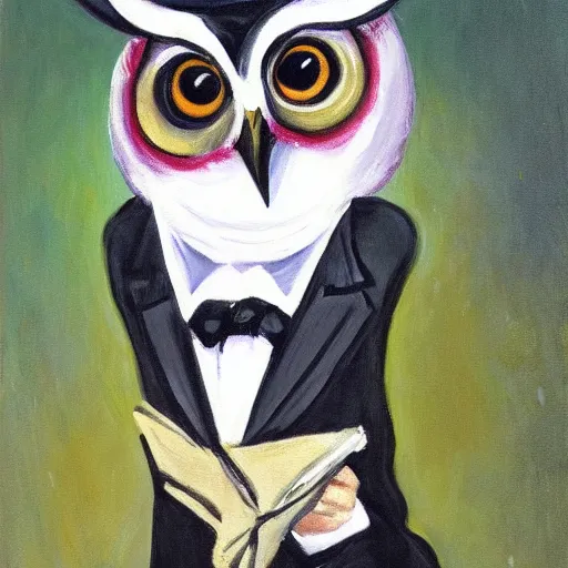 Prompt: painting of evil owl wearing a suit, John Singer Sargent style