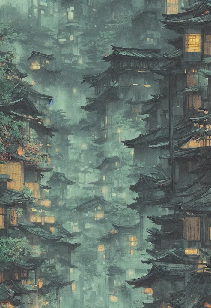 Image similar to a japanese city in the mountain, ryokans and edo era houses, yokai walking around, epic cyberpunk, lofi, vivid colors, amazing light, beautiful nature, by jeremy lipkin, by claude monet, heavily inspired by makoto shinkai, kandinsky touches, inspired by ghibli, masterpiece, beautiful, multiple brush strokes, impressionist style, high contrast