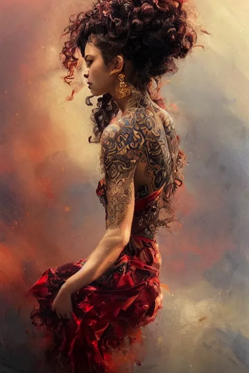 Image similar to an epic painting of a 1 9 years old girl figure, curly messy high bun hairstyle, oriental tattoos, subject wearing a gold and ruby high fashion gown, flowing, ornate, beautiful, dramatic earth colors, with few fire red highlights, by jeremy mann and greg rutkowski, trending on artstation, oil on canvas