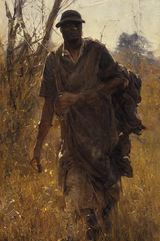 Image similar to Solomon Joseph Solomon and Richard Schmid and Jeremy Lipking painting full length portrait painting of a young man going to work in the field