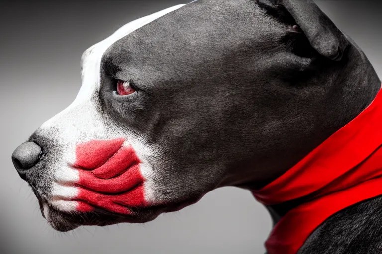 Image similar to side profile profile of a snarling pit bull wearing clown makeup and a red rubber nose, 4 k, hdr color