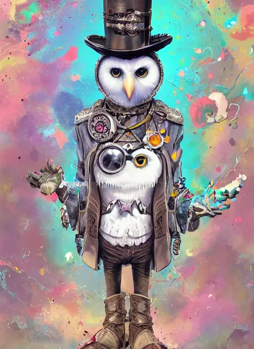 Image similar to anthropomorphic wise wealthy white - owl travels through time via steampunk portals, pixiv fanbox, dramatic lighting, maximalist pastel color palette, splatter paint, pixar and disney exploded - view drawing, graphic novel by fiona staples and dustin nguyen, peter elson, alan bean, wangechi mutu, clean cel shaded vector art, trending on artstation