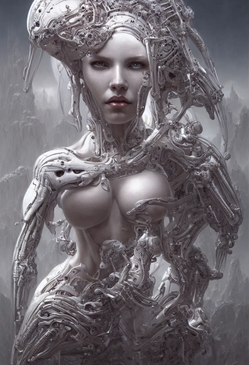 Image similar to beautiful white cyborg goddess, by william - adolphe bouguereaum artgerm and hr giger and zdzislaw beksinski, matte painting, hyperdetailed, symmetry, art nouveau, beautiful render, concept art