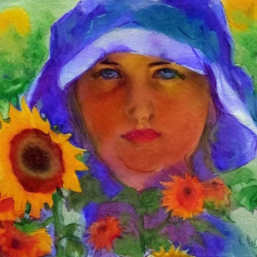 Image similar to molly sanden, watercolor, in the style of claude monet, beautiful face, sunflowers, fall leaves red and orange, award winning, hd, 4 k, purple, blue