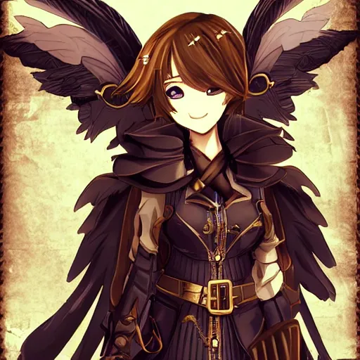 Image similar to anime girl with steampunk wings and steampunk weapons, portrait, finely detailed, epic, intense, cinematic lighting,