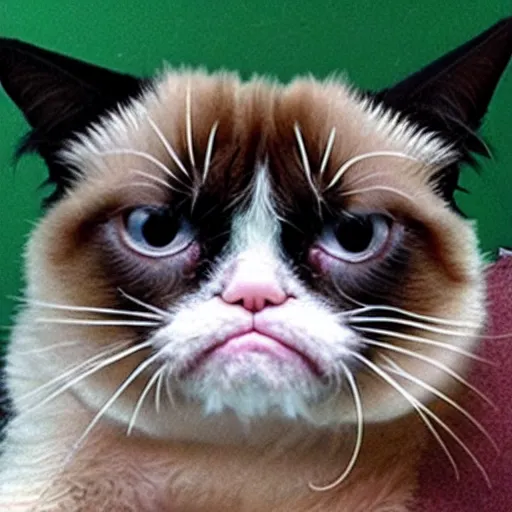 Prompt: grumpy cat with an upside down mouth