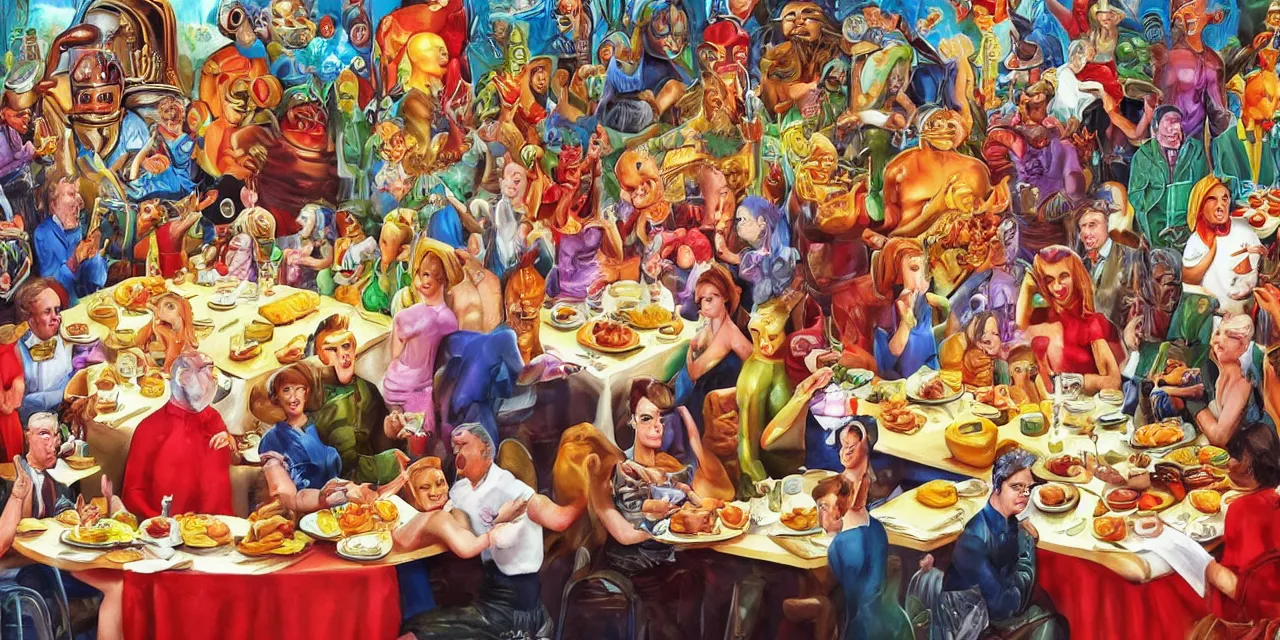 Image similar to big family style diner in the artistic slightly surreal with various gods and alien like beings all wearing costumes of famous people