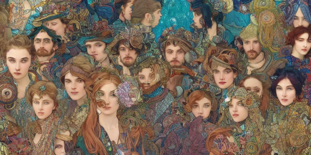 Image similar to detailed colour masterpiece of photography group portrait of people sat down extreme closeup, in the inside of the beautiful underwater crowded train to atlantis, detailed realistic expressions, wearing unusual clothes, by mucha