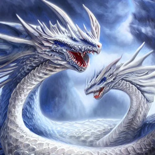 Prompt: a Blue eyed white dragon, epic background by Keith Thompson and Christopher Bretz, highly detailed, digital painting, HDRI, vivid colors, high contrast, 8k resolution, intricate, photorealistic, smooth