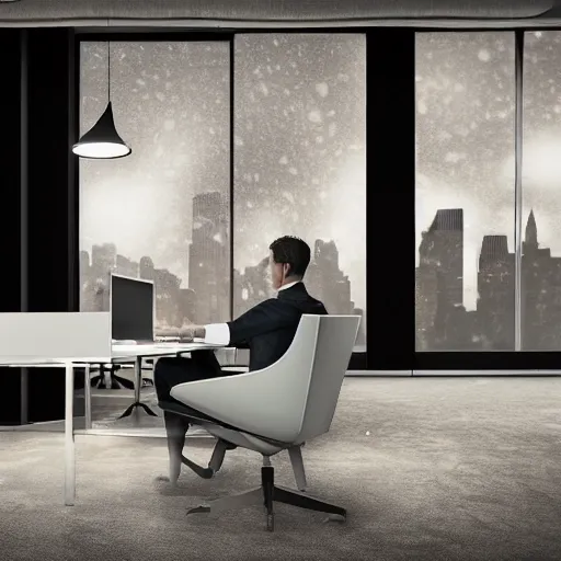 Prompt: architect working in a modern office interior at night overlooking central park in a blizzard, ultra detailed, modern lounge chair, warm interior, fireplace, epic composition, advertising photography