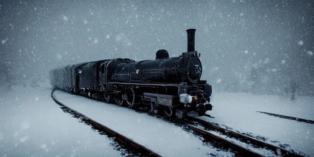 Image similar to a high detail photograph of a heavy steam train in the snow under a blizzard, realism, 4 k, award winning photograph, octane render, bloom, night, fog, high details